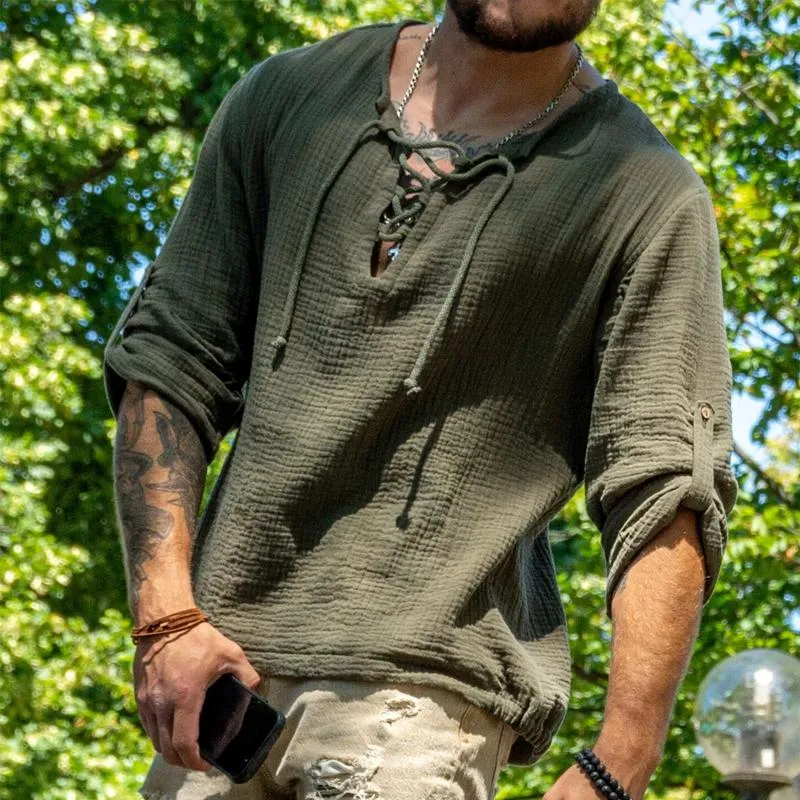 Men's Solid Cotton And Linen Lace-up Collar Long Sleeve Casual Shirt 94788021Z sold by Manly product image thumbnail 3