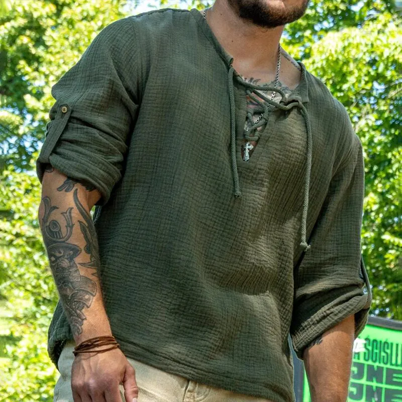 Men's Solid Cotton And Linen Lace-up Collar Long Sleeve Casual Shirt 94788021Z sold by Manly product image thumbnail 2