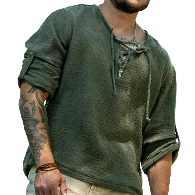 Men's Solid Cotton And Linen Lace-up Collar Long Sleeve Casual Shirt 94788021Z sold by Manly