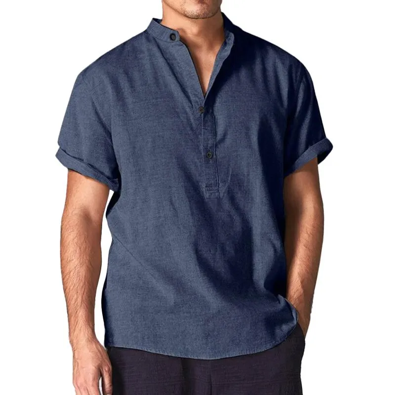 Men's Solid Henley Collar Short Sleeve Cotton Linen Casual Shirt 23292927Z sold by Manly