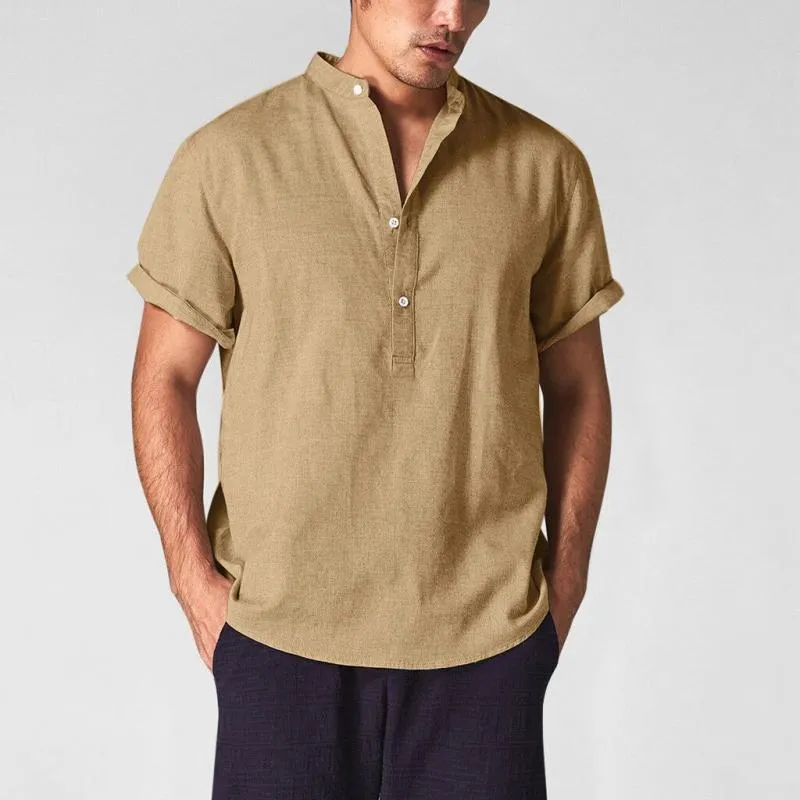 Men's Solid Henley Collar Short Sleeve Cotton Linen Casual Shirt 23292927Z sold by Manly product image thumbnail 5