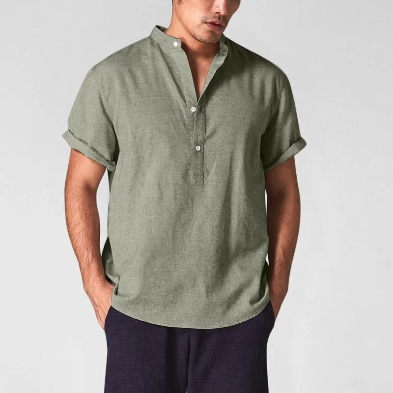 Men's Solid Henley Collar Short Sleeve Cotton Linen Casual Shirt 23292927Z sold by Manly product image thumbnail 4