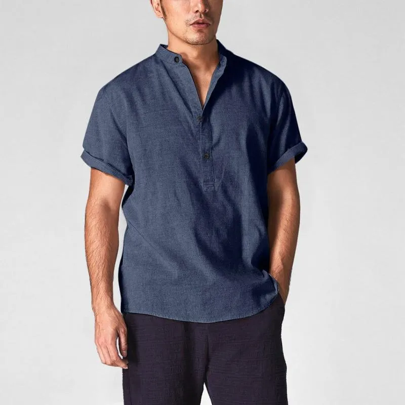 Men's Solid Henley Collar Short Sleeve Cotton Linen Casual Shirt 23292927Z sold by Manly product image thumbnail 2