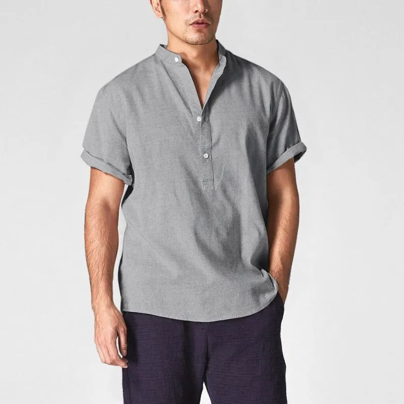 Men's Solid Henley Collar Short Sleeve Cotton Linen Casual Shirt 23292927Z sold by Manly product image thumbnail 3