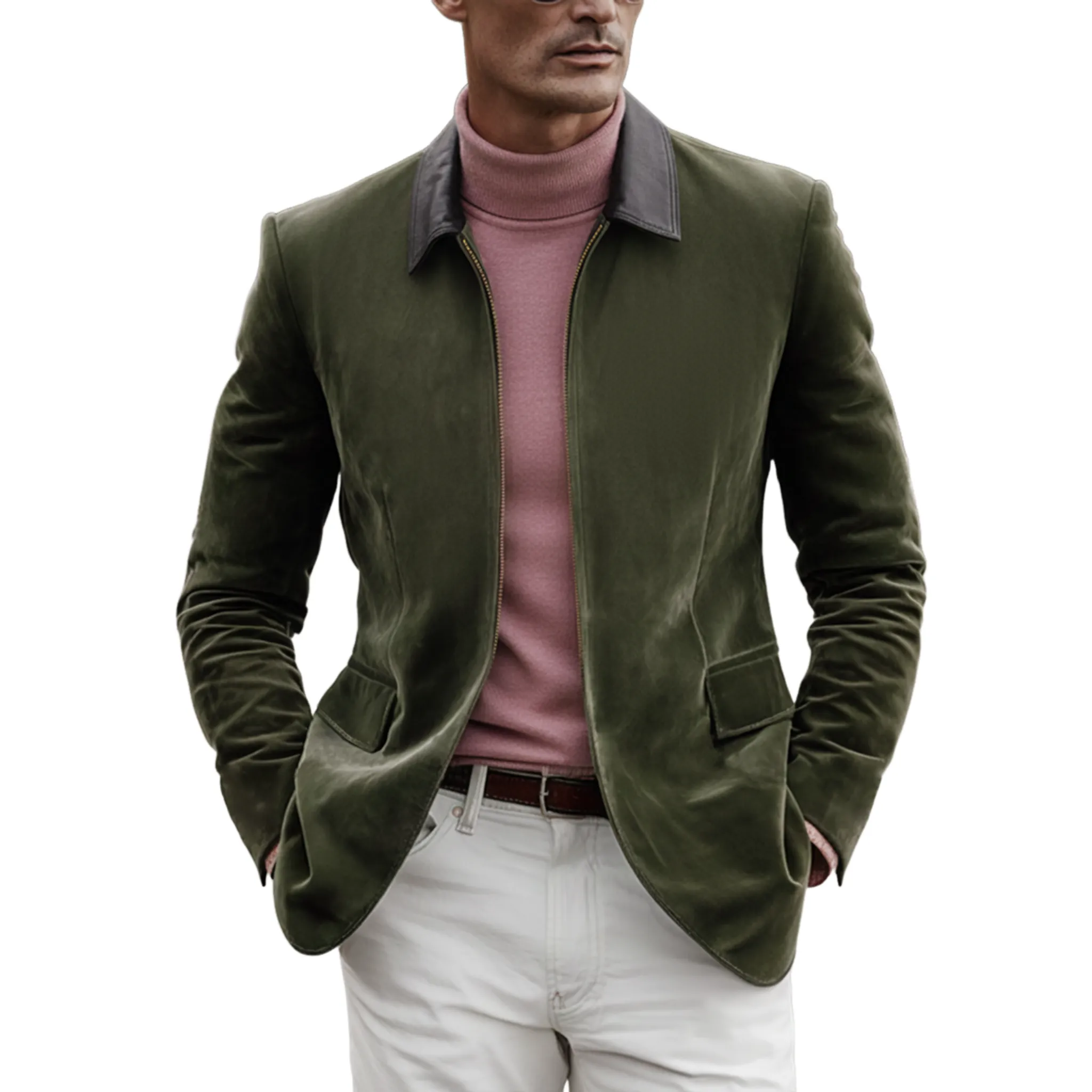 Men's Classic PU Leather Lapel Zipper Suede Slim Fit Jacket MTA2337J3K sold by Manly