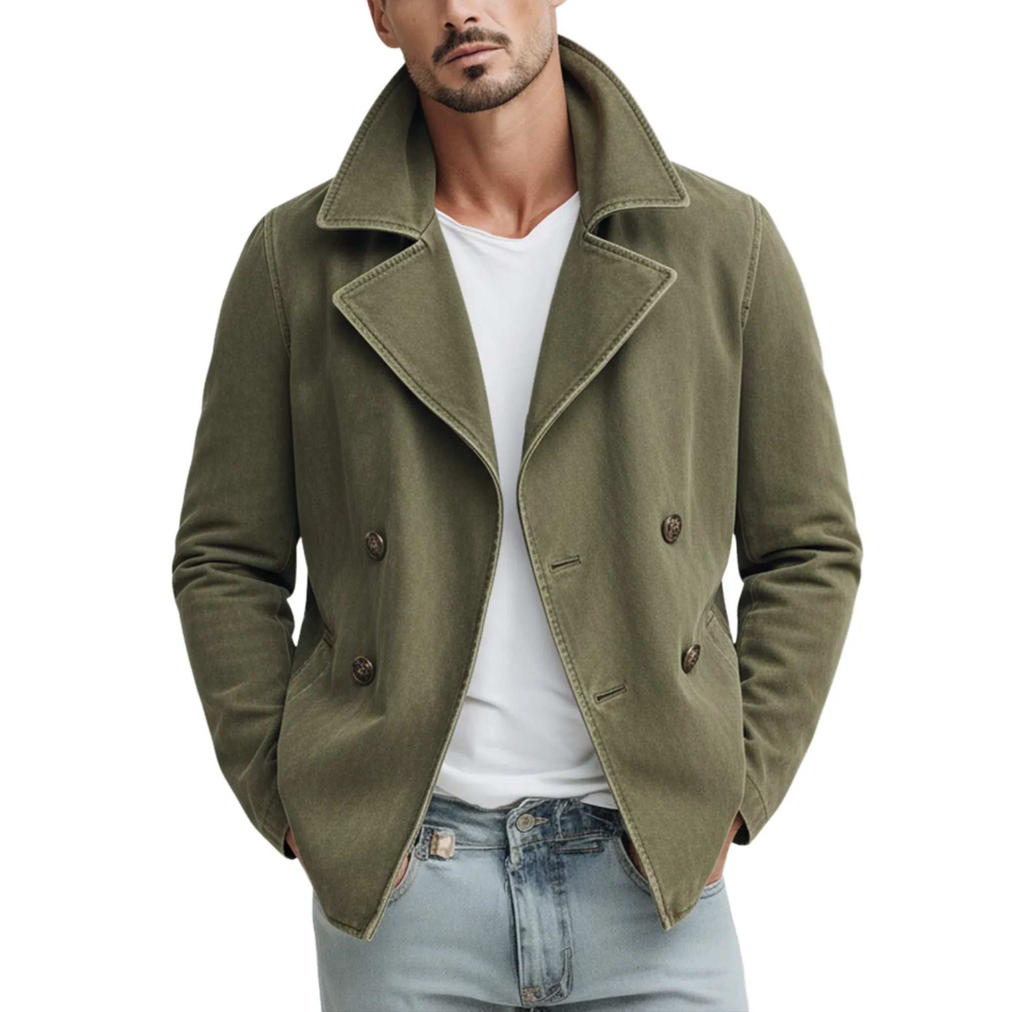 Men's Classic Lapel Washed Cotton Blend Double Breasted Jacket MTA2472J4K sold by Manly