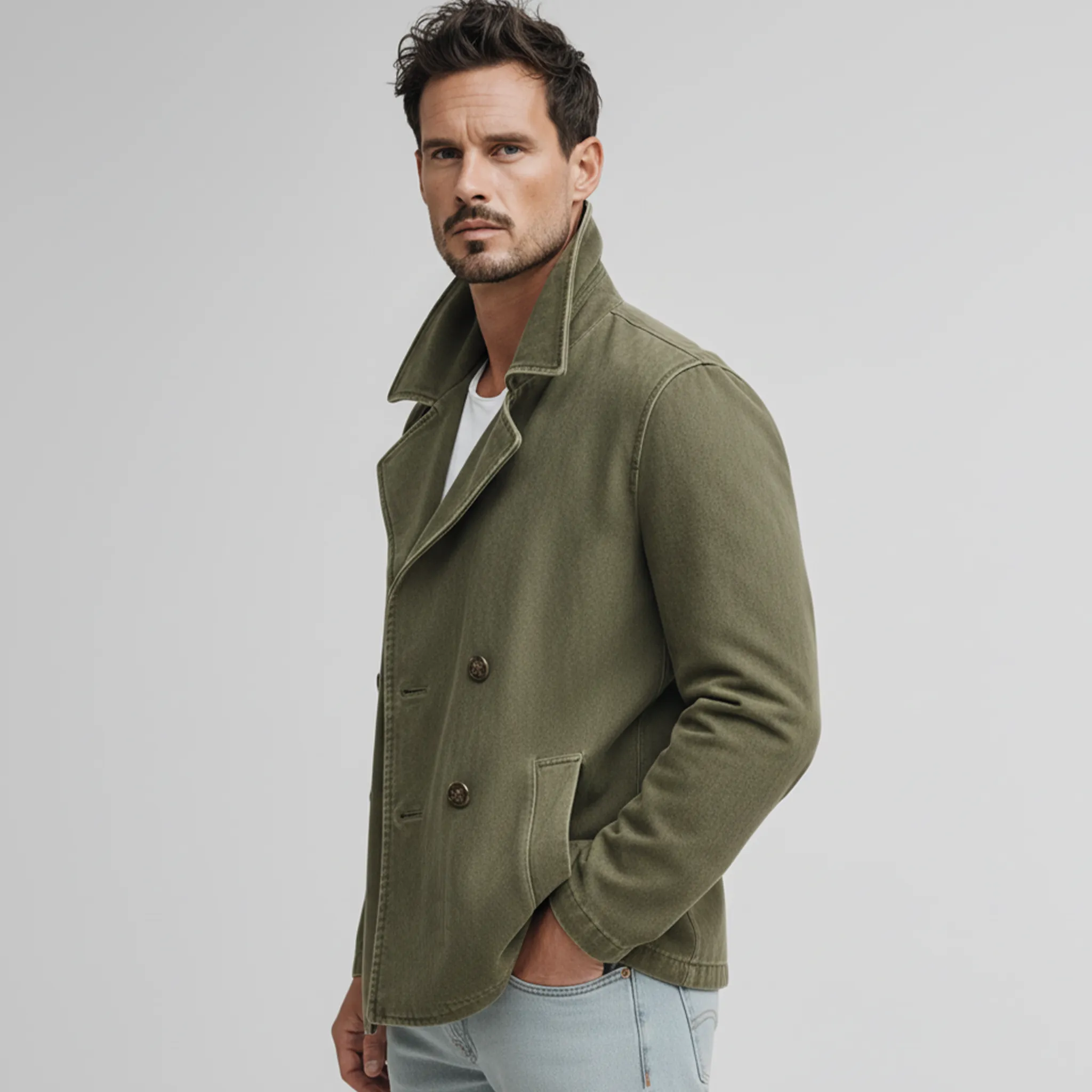 Men's Classic Lapel Washed Cotton Blend Double Breasted Jacket MTA2472J4K sold by Manly product image thumbnail 4