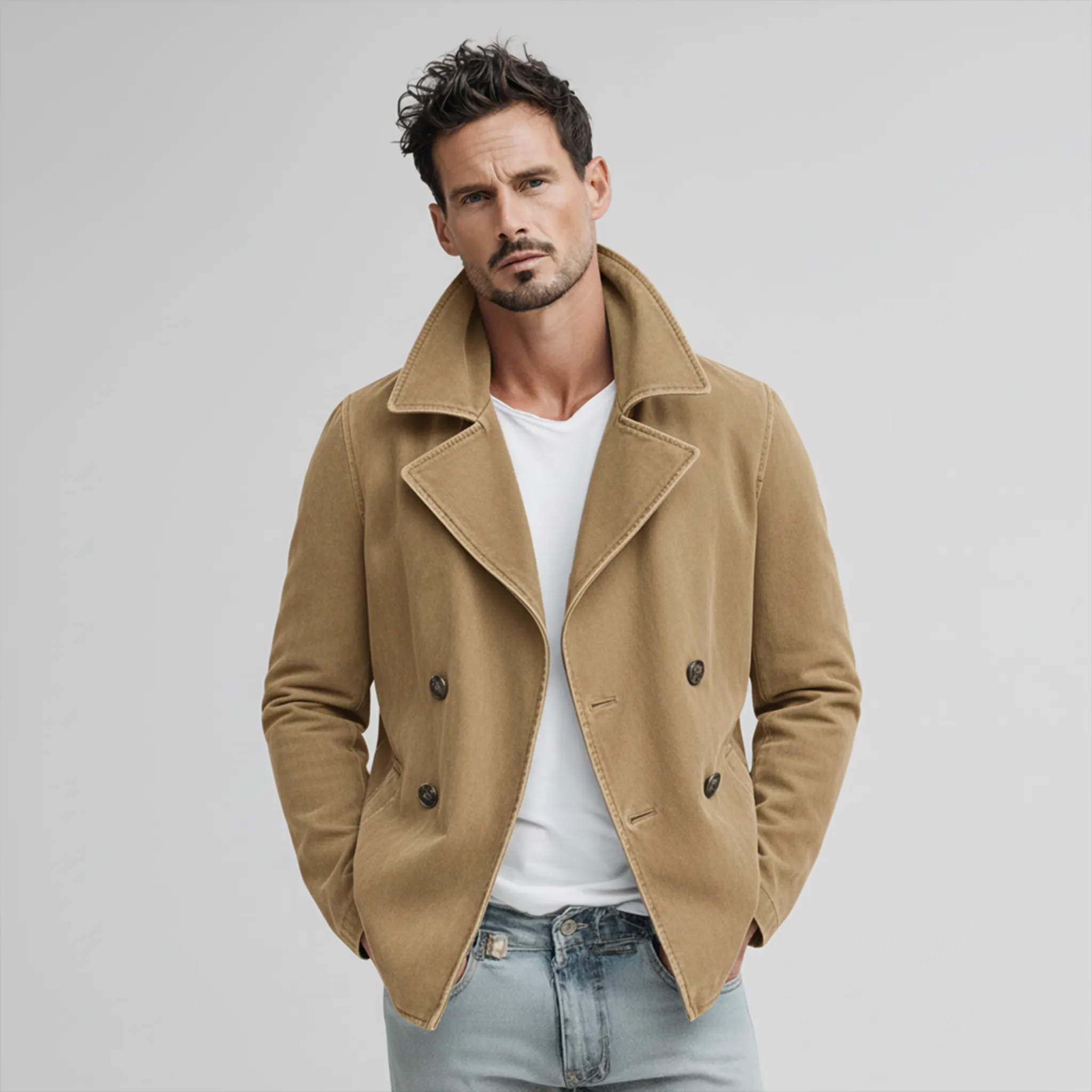 Men's Classic Lapel Washed Cotton Blend Double Breasted Jacket MTA2472J4K sold by Manly product image thumbnail 3