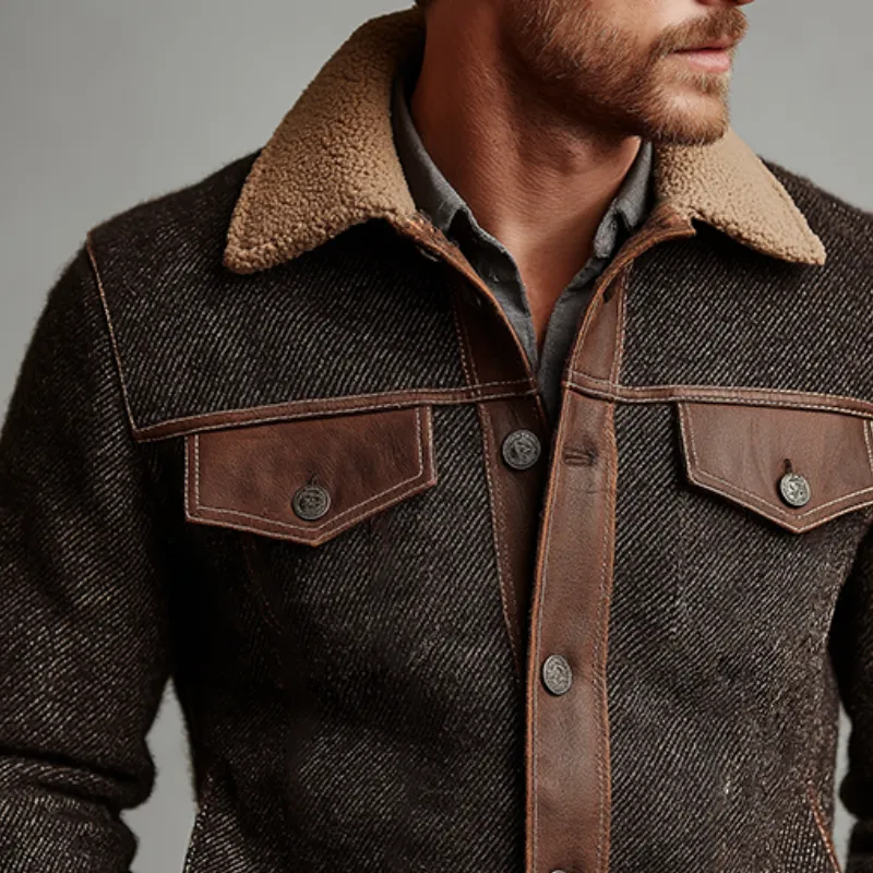 Men's Retro Casual Faux Leather Stitching Fur Collar Button Jacket MTA2456J1TO sold by Manly product image thumbnail 3