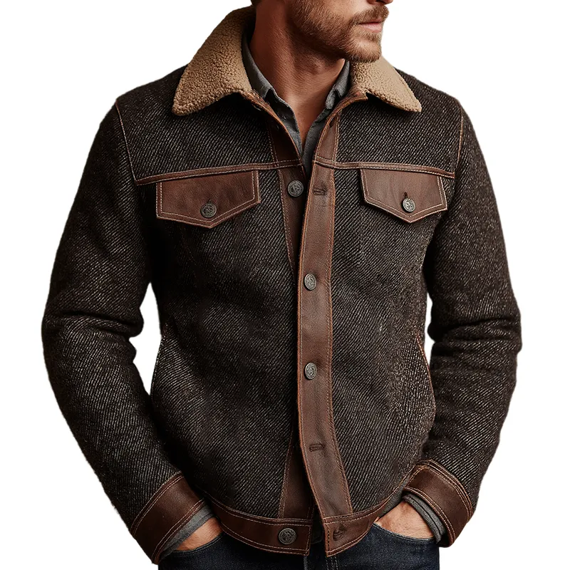 Men's Retro Casual Faux Leather Stitching Fur Collar Button Jacket MTA2456J1TO sold by Manly