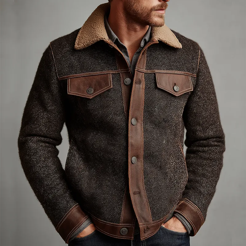 Men's Retro Casual Faux Leather Stitching Fur Collar Button Jacket MTA2456J1TO sold by Manly product image thumbnail 2