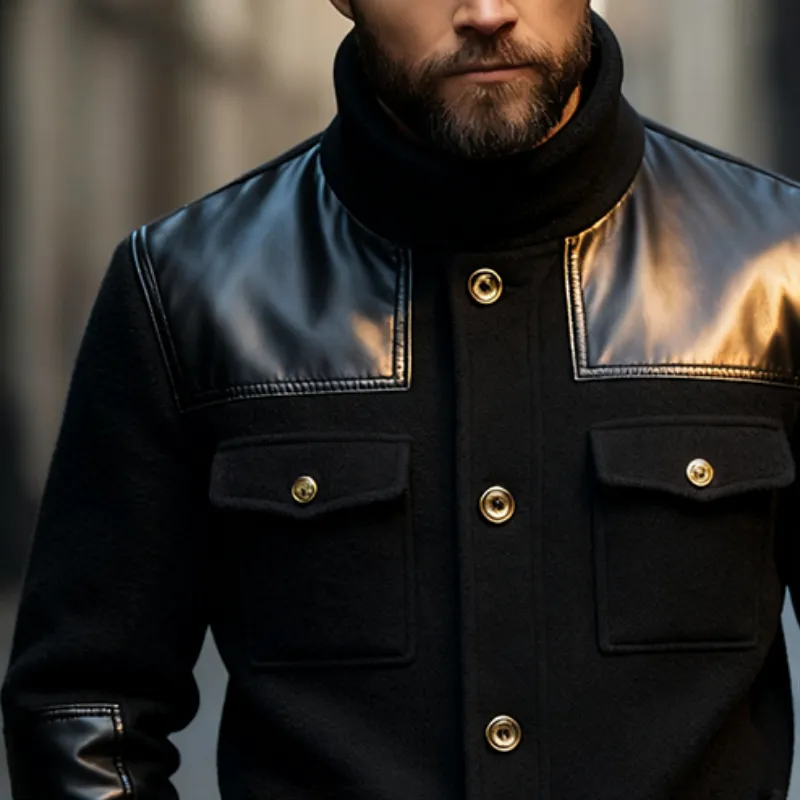 Men's Retro Casual Faux Leather Stitching Stand Collar Multi-Pocket Button Jacket MTA2467J1TO sold by Manly product image thumbnail 3