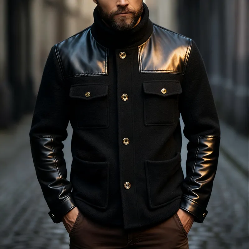 Men's Retro Casual Faux Leather Stitching Stand Collar Multi-Pocket Button Jacket MTA2467J1TO sold by Manly product image thumbnail 2