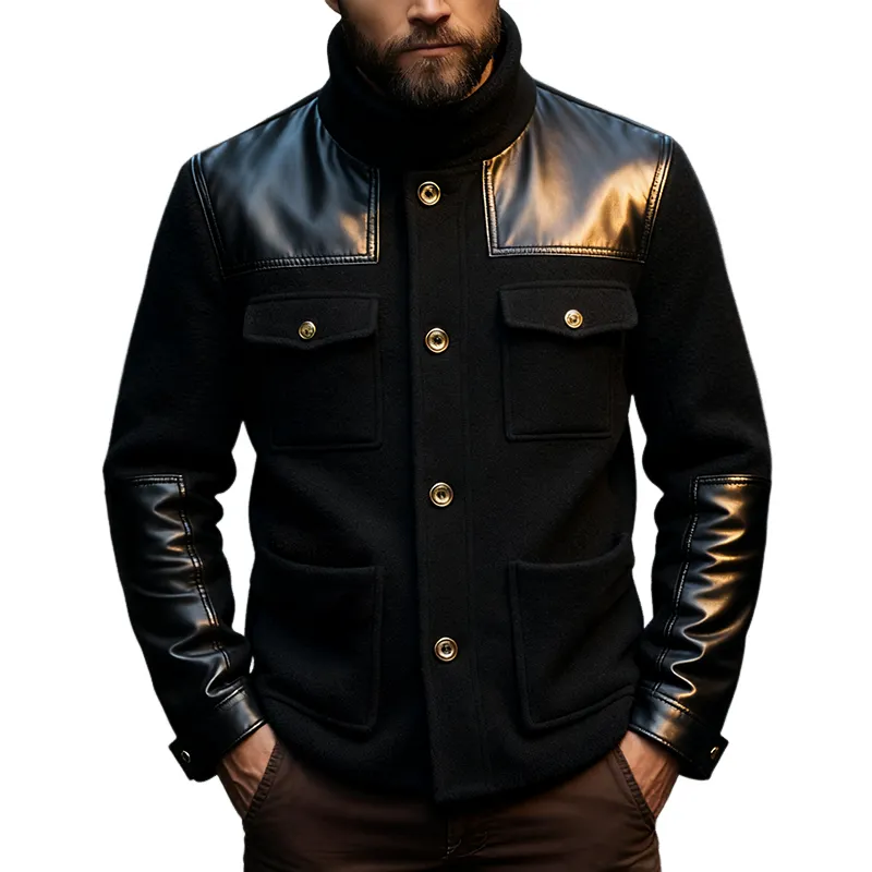 Men's Retro Casual Faux Leather Stitching Stand Collar Multi-Pocket Button Jacket MTA2467J1TO sold by Manly