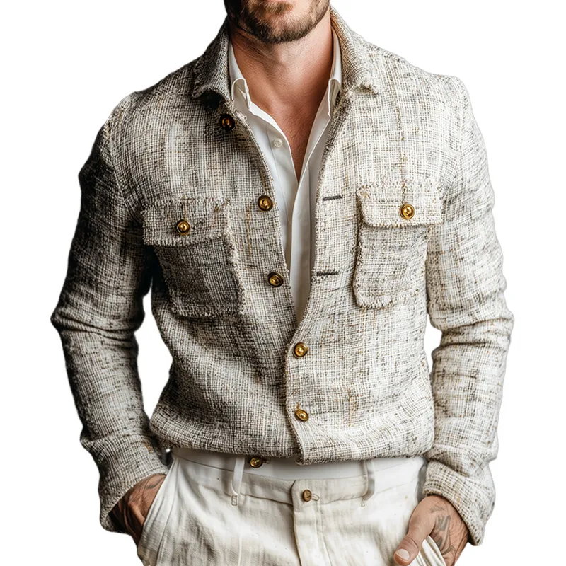 Men's Vintage Casual Tweed Lapel Pocket Button Shirt Jacket MTA2400J4TO sold by Manly