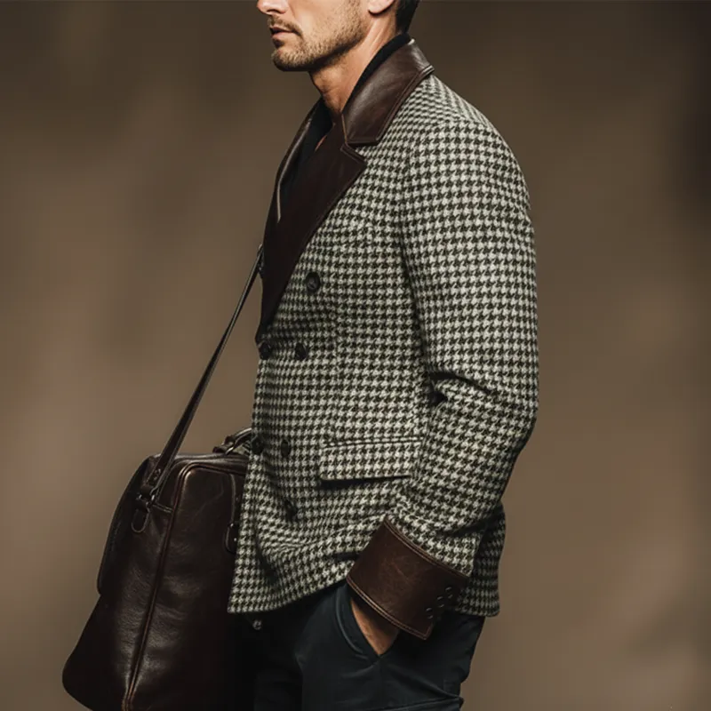 Men's Vintage Houndstooth Faux Wool And PU Leather Double-breasted Double-vented Blazer MTA2462J9U sold by Manly product image thumbnail 3