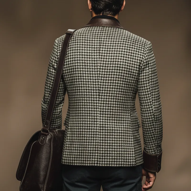 Men's Vintage Houndstooth Faux Wool And PU Leather Double-breasted Double-vented Blazer MTA2462J9U sold by Manly product image thumbnail 4