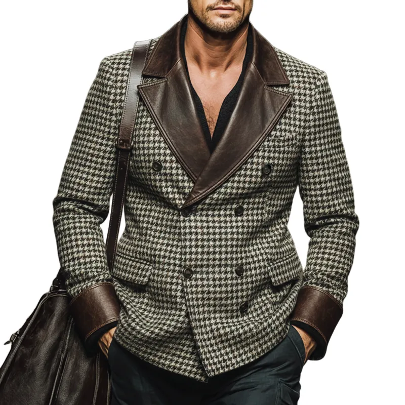 Men's Vintage Houndstooth Faux Wool And PU Leather Double-breasted Double-vented Blazer MTA2462J9U sold by Manly