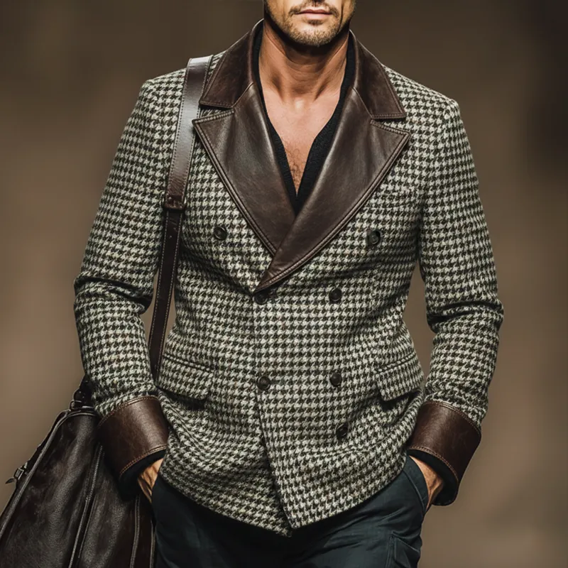 Men's Vintage Houndstooth Faux Wool And PU Leather Double-breasted Double-vented Blazer MTA2462J9U sold by Manly product image thumbnail 2
