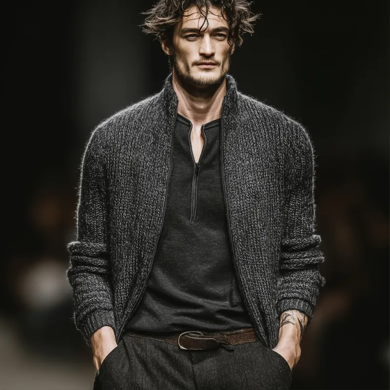 Men's Vintage Dark Grey Stand Collar Zipper Knit Cardigan MTA2491J5U sold by Manly product image thumbnail 2