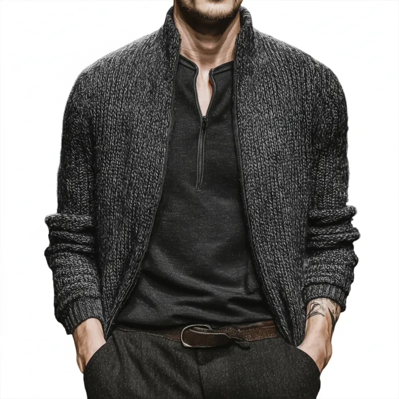 Men's Vintage Dark Grey Stand Collar Zipper Knit Cardigan MTA2491J5U sold by Manly