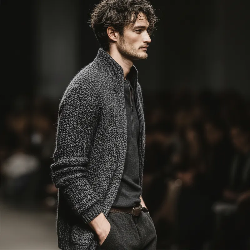 Men's Vintage Dark Grey Stand Collar Zipper Knit Cardigan MTA2491J5U sold by Manly product image thumbnail 3