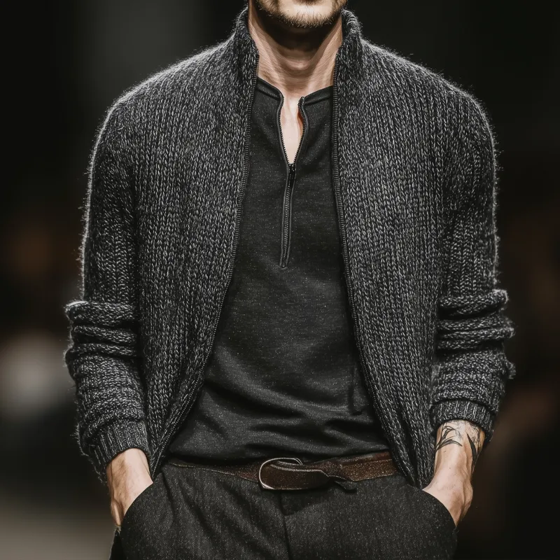 Men's Vintage Dark Grey Stand Collar Zipper Knit Cardigan MTA2491J5U sold by Manly product image thumbnail 5