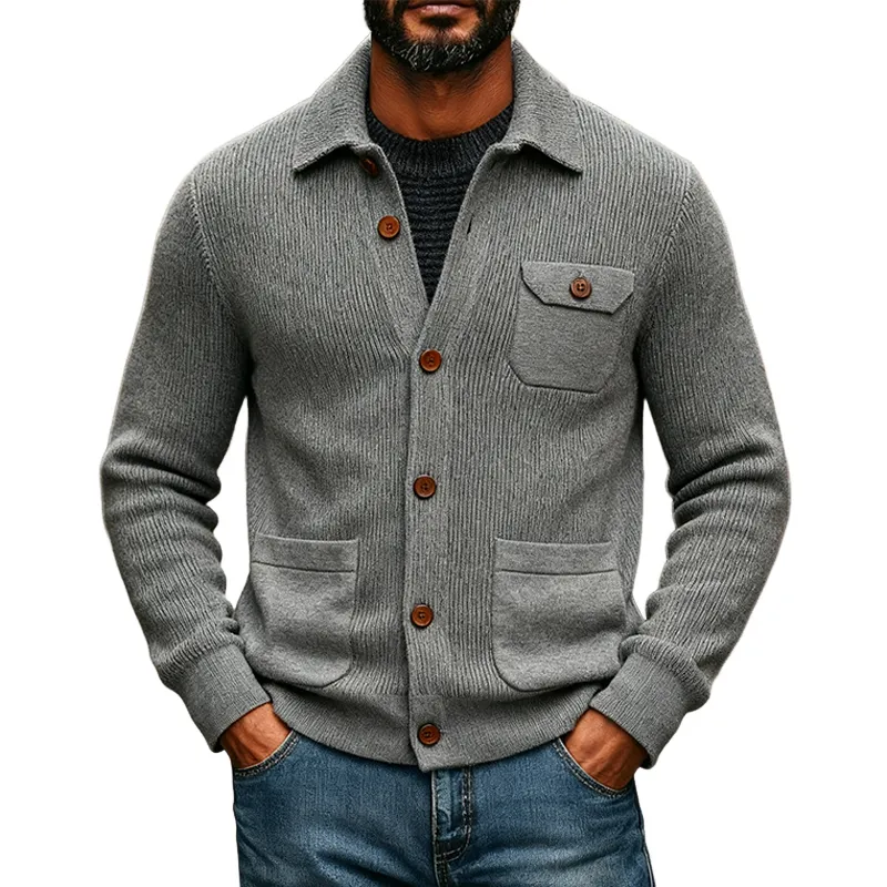 Men's Casual Solid Color Knitted Lapel Cardigan MTA2485J7X sold by Manly