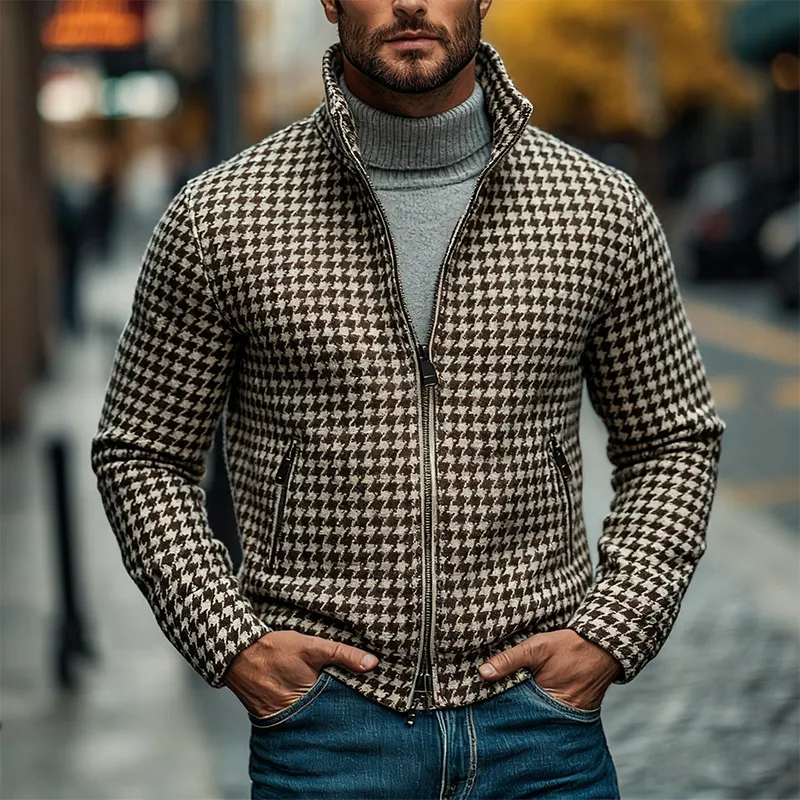 Men's Houndstooth Blend Tweed Lapel Zipper Jacket MTA2445J7X sold by Manly product image thumbnail 2