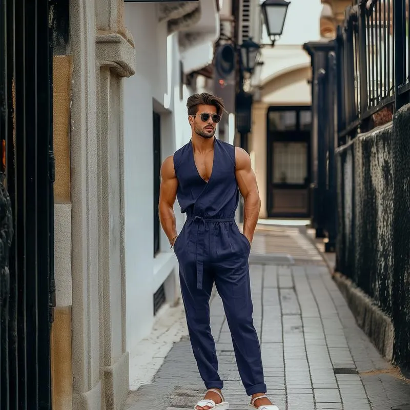 Men's Solid Color V Neck Sleeveless Belt Jumpsuit 91241064Z sold by Manly product image thumbnail 4