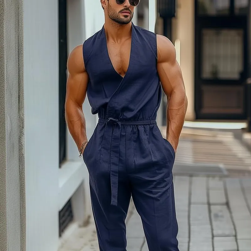 Men's Solid Color V Neck Sleeveless Belt Jumpsuit 91241064Z sold by Manly product image thumbnail 3