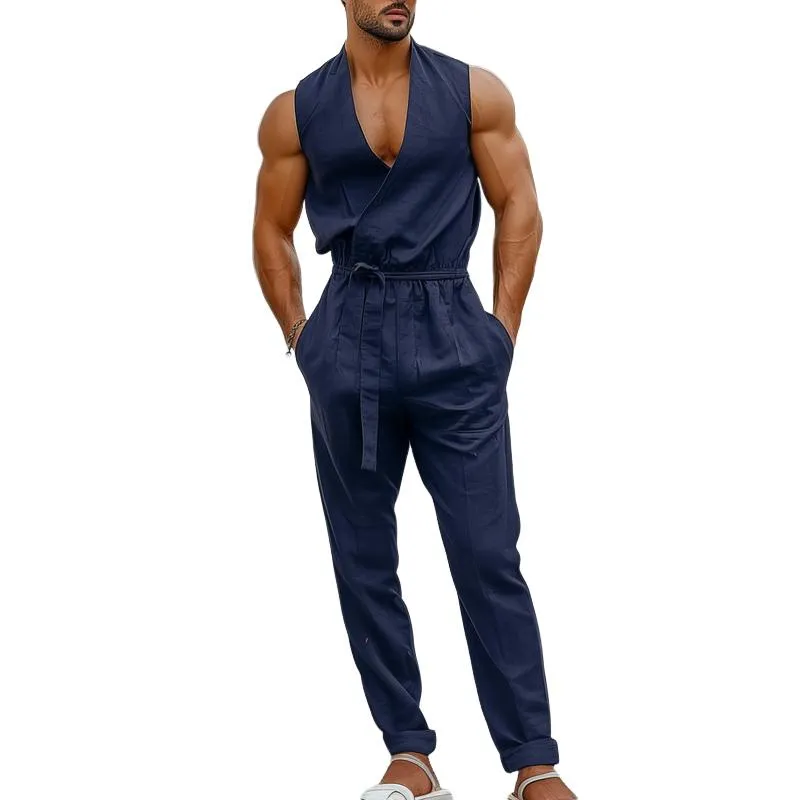 Men's Solid Color V Neck Sleeveless Belt Jumpsuit 91241064Z sold by Manly