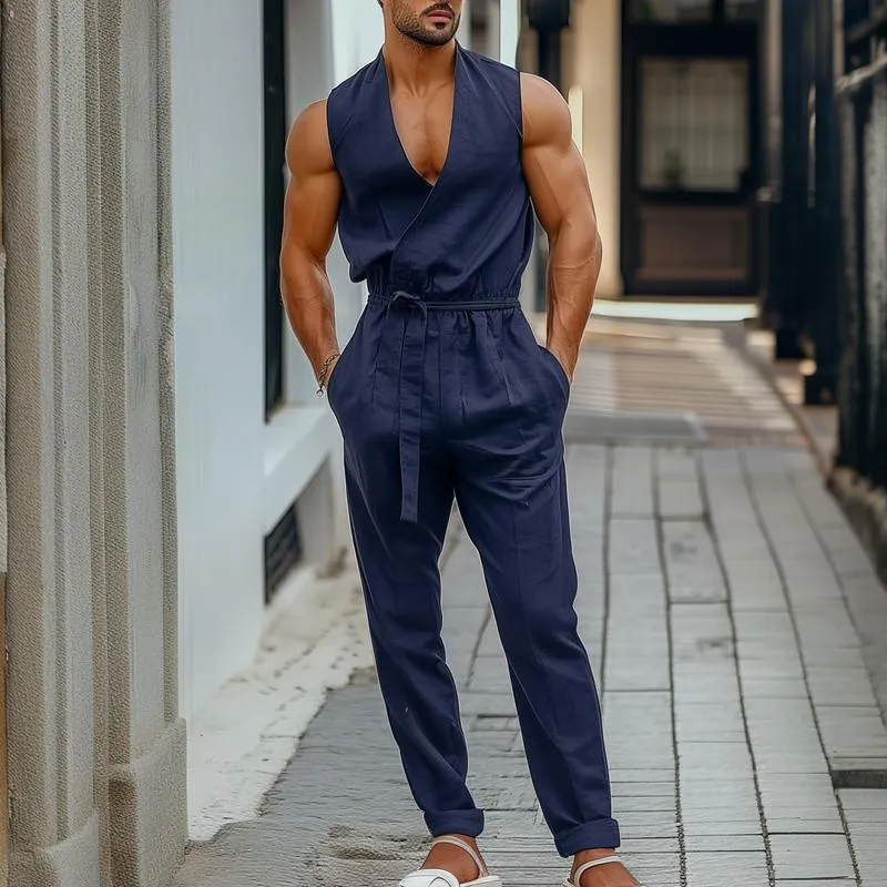 Men's Solid Color V Neck Sleeveless Belt Jumpsuit 91241064Z sold by Manly product image thumbnail 2