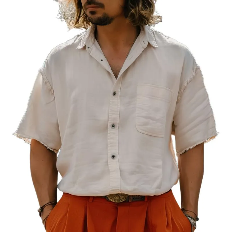Men's Solid Cotton And Linen Lapel Breast Pocket Short Sleeve Casual Shirt 53959065Z sold by Manly
