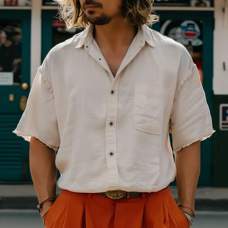 Men's Solid Cotton And Linen Lapel Breast Pocket Short Sleeve Casual Shirt 53959065Z sold by Manly product image thumbnail 2