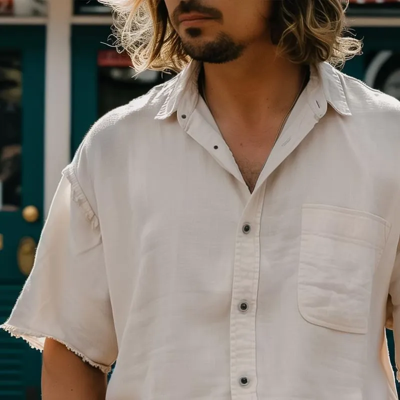 Men's Solid Cotton And Linen Lapel Breast Pocket Short Sleeve Casual Shirt 53959065Z sold by Manly product image thumbnail 3