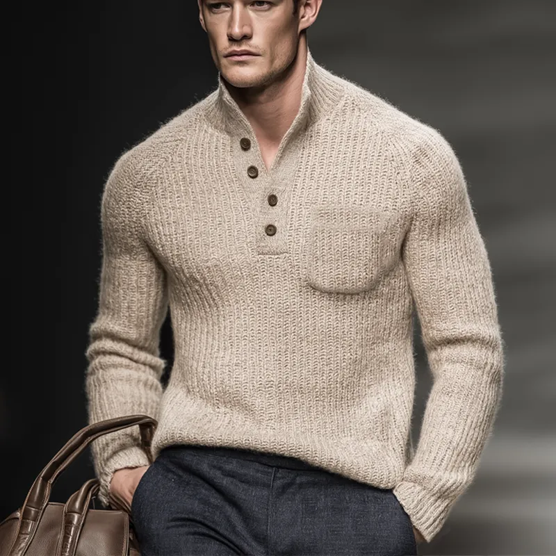 Men's Classic Light Khaki Stand Collar Knitted Sweater MTA2218J1U sold by Manly product image thumbnail 5