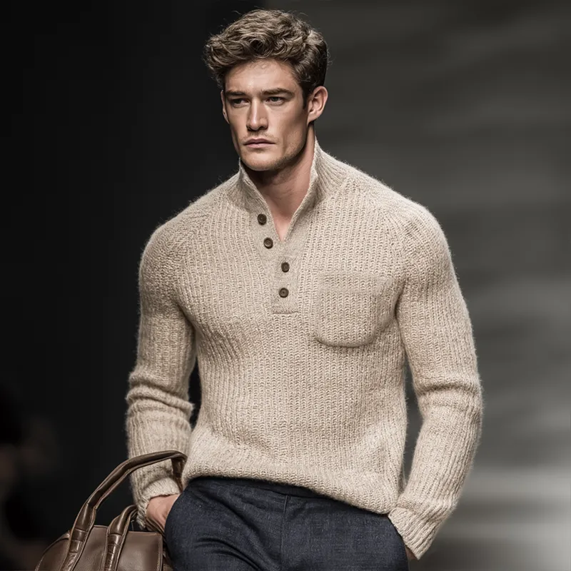 Men's Classic Light Khaki Stand Collar Knitted Sweater MTA2218J1U sold by Manly product image thumbnail 2