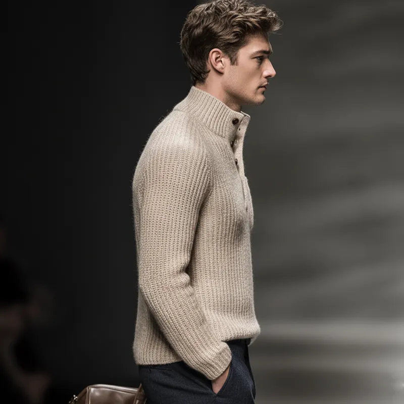 Men's Classic Light Khaki Stand Collar Knitted Sweater MTA2218J1U sold by Manly product image thumbnail 3