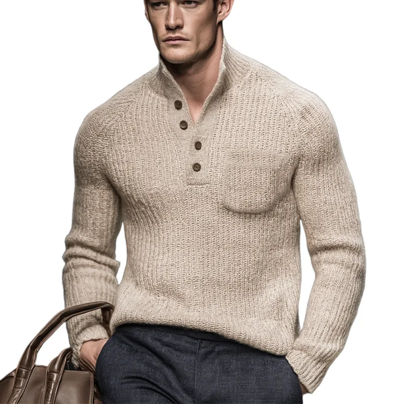 Men's Classic Light Khaki Stand Collar Knitted Sweater MTA2218J1U sold by Manly