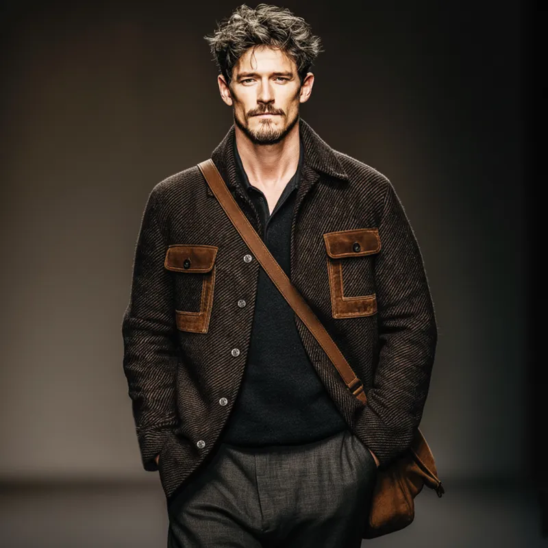 Men's Vintage Twill Faux Wool Patchwork PU Leather Jacket MTA2312J7U sold by Manly product image thumbnail 2