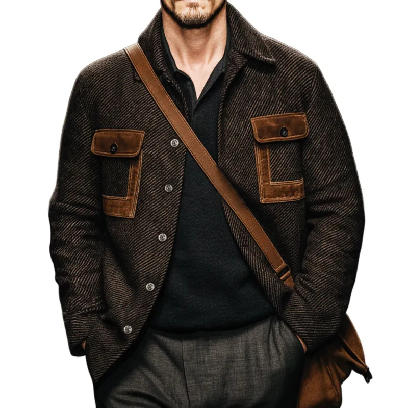 Men's Vintage Twill Faux Wool Patchwork PU Leather Jacket MTA2312J7U sold by Manly