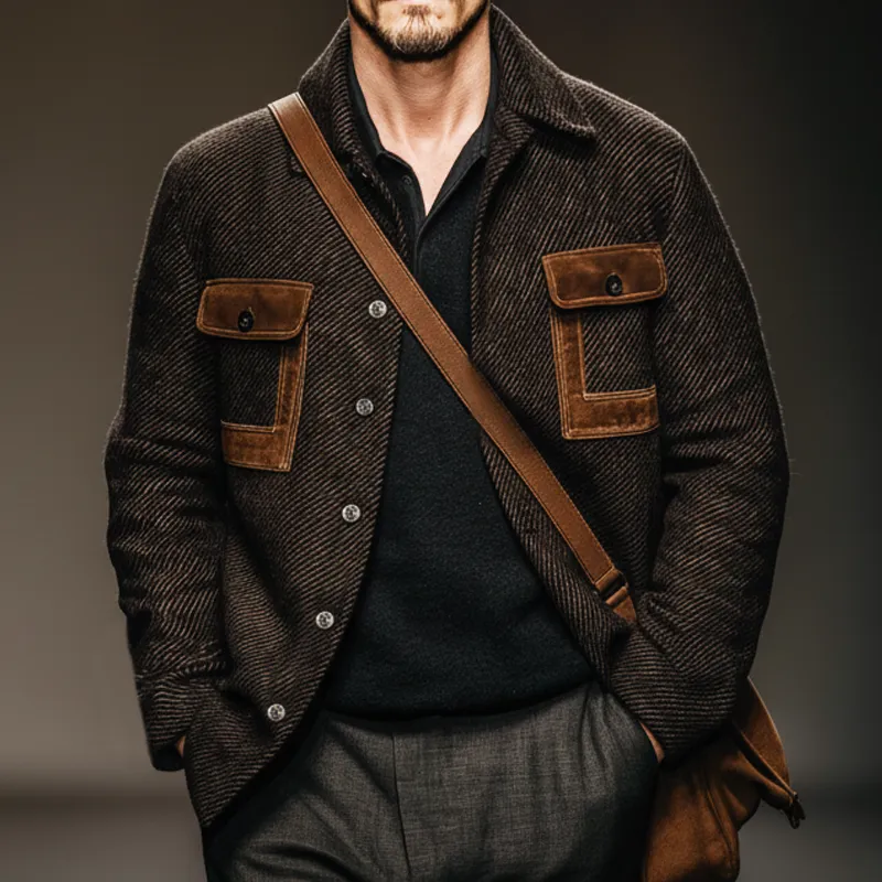 Men's Vintage Twill Faux Wool Patchwork PU Leather Jacket MTA2312J7U sold by Manly product image thumbnail 5