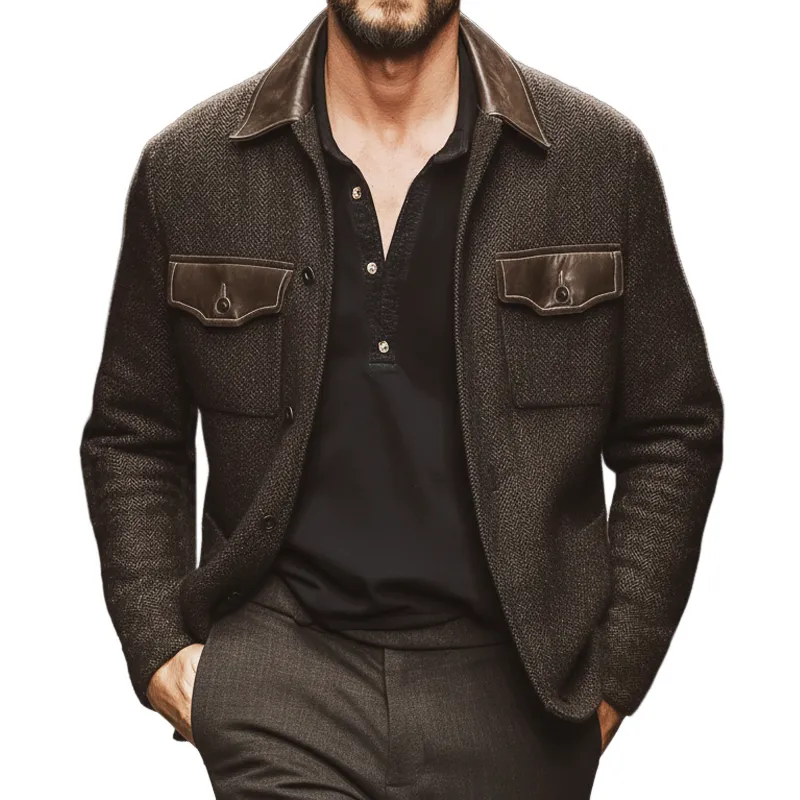 Men's Classic Herringbone Faux Wool And PU Leather Jacket MTA2392J5U sold by Manly