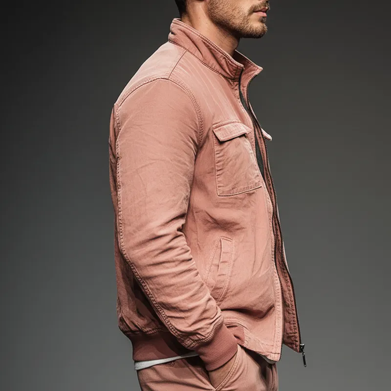 Men's Fashion Pink Washed Cotton Zipper Stand Collar Bomber Jacket MTA2341J8U sold by Manly product image thumbnail 3