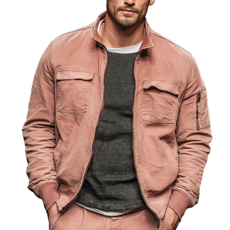 Men's Fashion Pink Washed Cotton Zipper Stand Collar Bomber Jacket MTA2341J8U sold by Manly