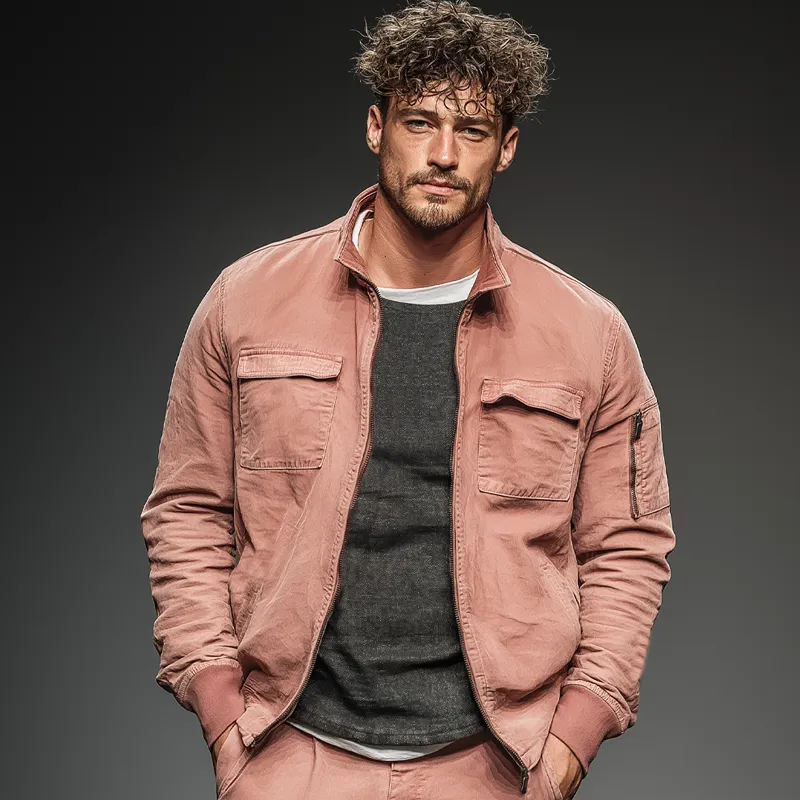 Men's Fashion Pink Washed Cotton Zipper Stand Collar Bomber Jacket MTA2341J8U sold by Manly product image thumbnail 2