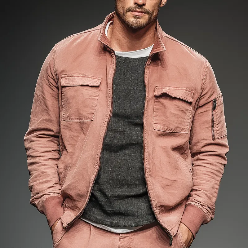 Men's Fashion Pink Washed Cotton Zipper Stand Collar Bomber Jacket MTA2341J8U sold by Manly product image thumbnail 4