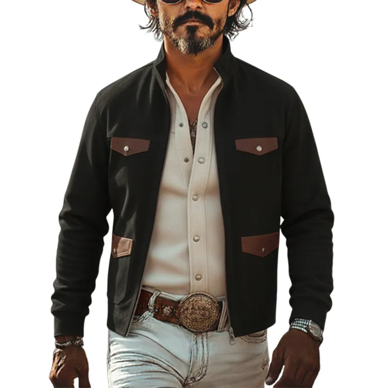 Men's Classic Retro Western Pocket Stitching PU Leather Stand Collar Faux Suede Jacket MTA2336J0K sold by Manly