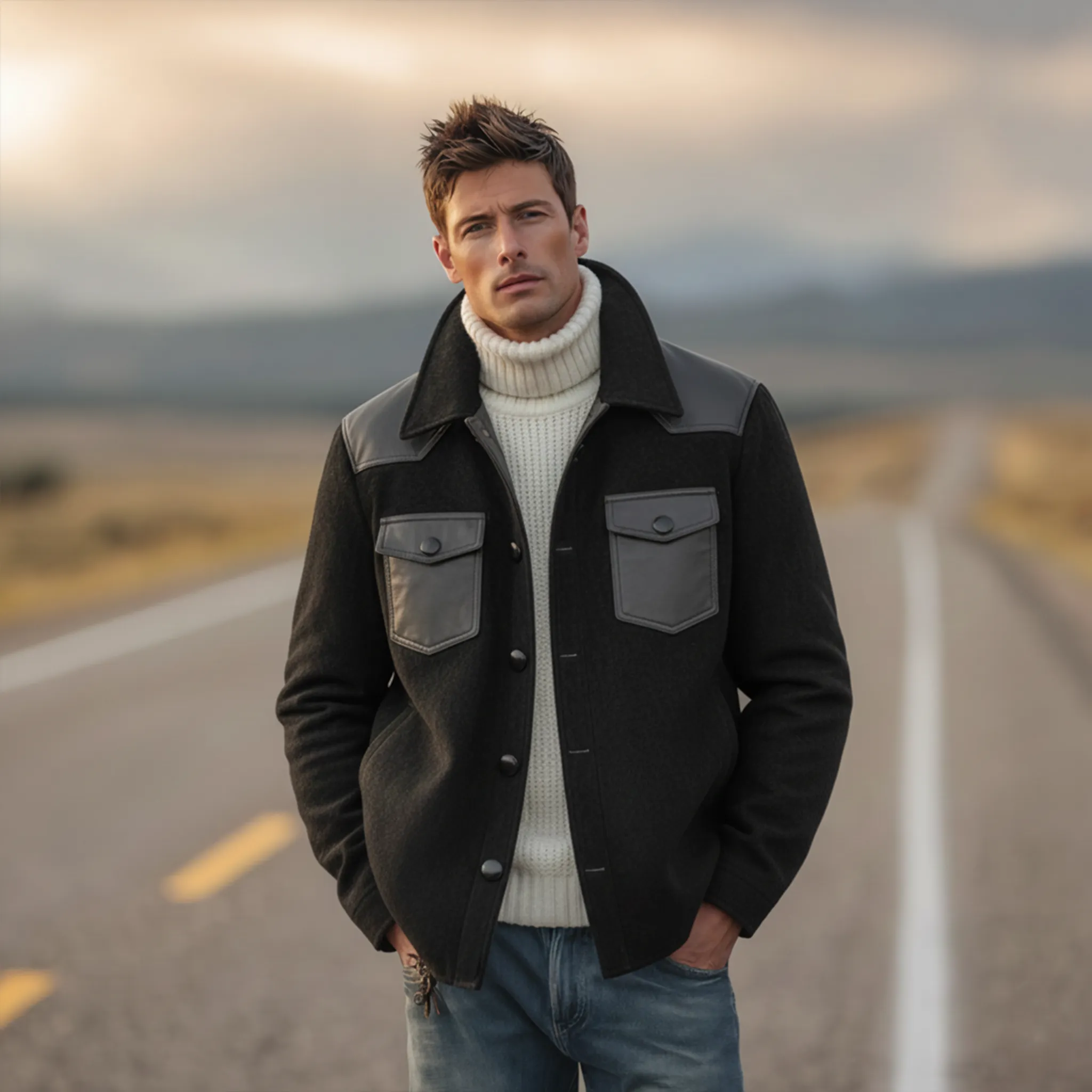 Men's Classic Retro Western PU Leather Splicing Faux Suede Lapel Jacket MTA2313J2K sold by Manly product image thumbnail 2